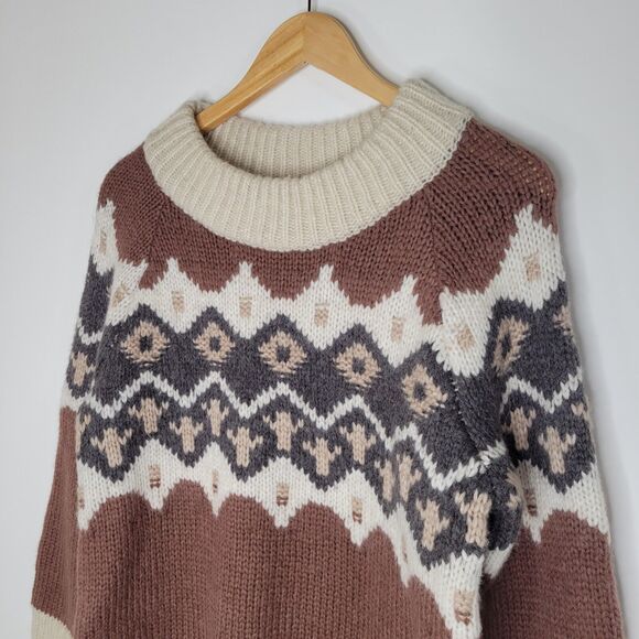 AERIE Brown Chunky Knit Sweater Sz S Fair Isle Nordic Aztec Wool Blend Longline - Picture 6 of 11